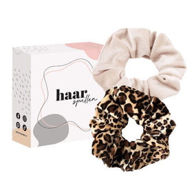 Haarspullen Basic Panther Scrunchie Duo Set - Panterprint & Beige