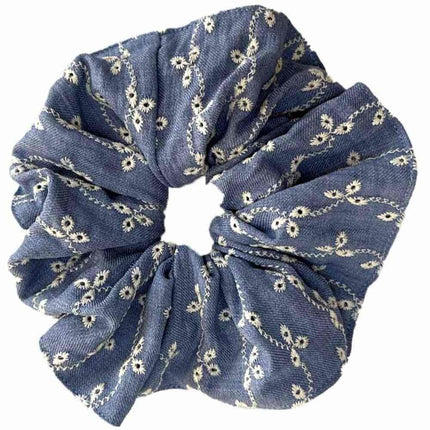 Haarspullen Scrunchie groot formaat - Denim geborduurd